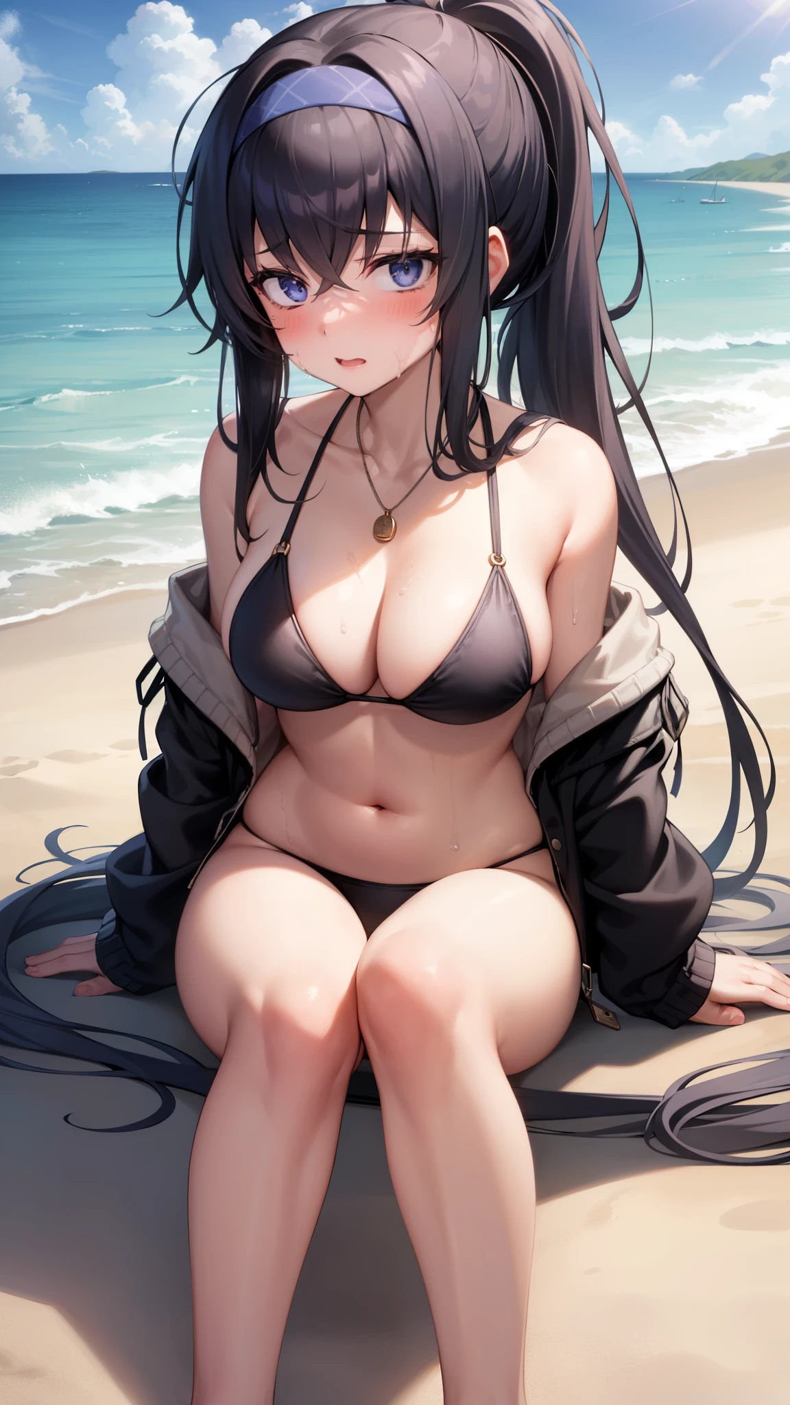 1girl,dark circles,Kozeki Ui,shaded,((black bikini)),blush,heavy breathing,steam,cleavage,((high ponytail)),pendant,sweating,bellybuttom,jacket half off shoulder,on beach,((Sitting on the floor holding your knees)),legs,bare legs,feet,five toes