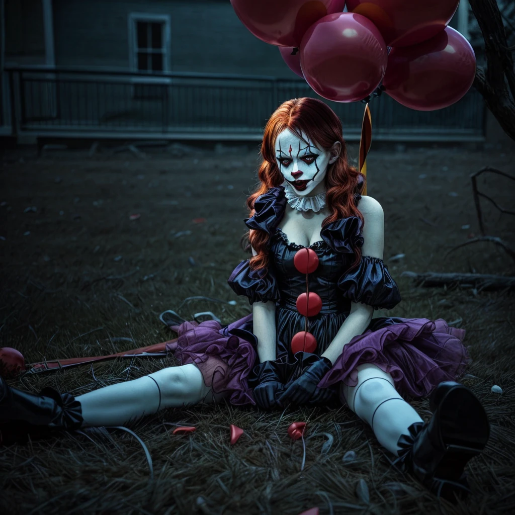 araffe dressed in a clown costume sitting on the grass with a bunch of balloons, pennywise style, pennywise, pennywise theme, creepy clown girl, stephen king as pennywise, dead clown, cutecore clowncore, clown girl, y 2 k cutecore clowncore, goth clown girl, intricate clown costume, scary clown, sinister pose, high saturation, detailed