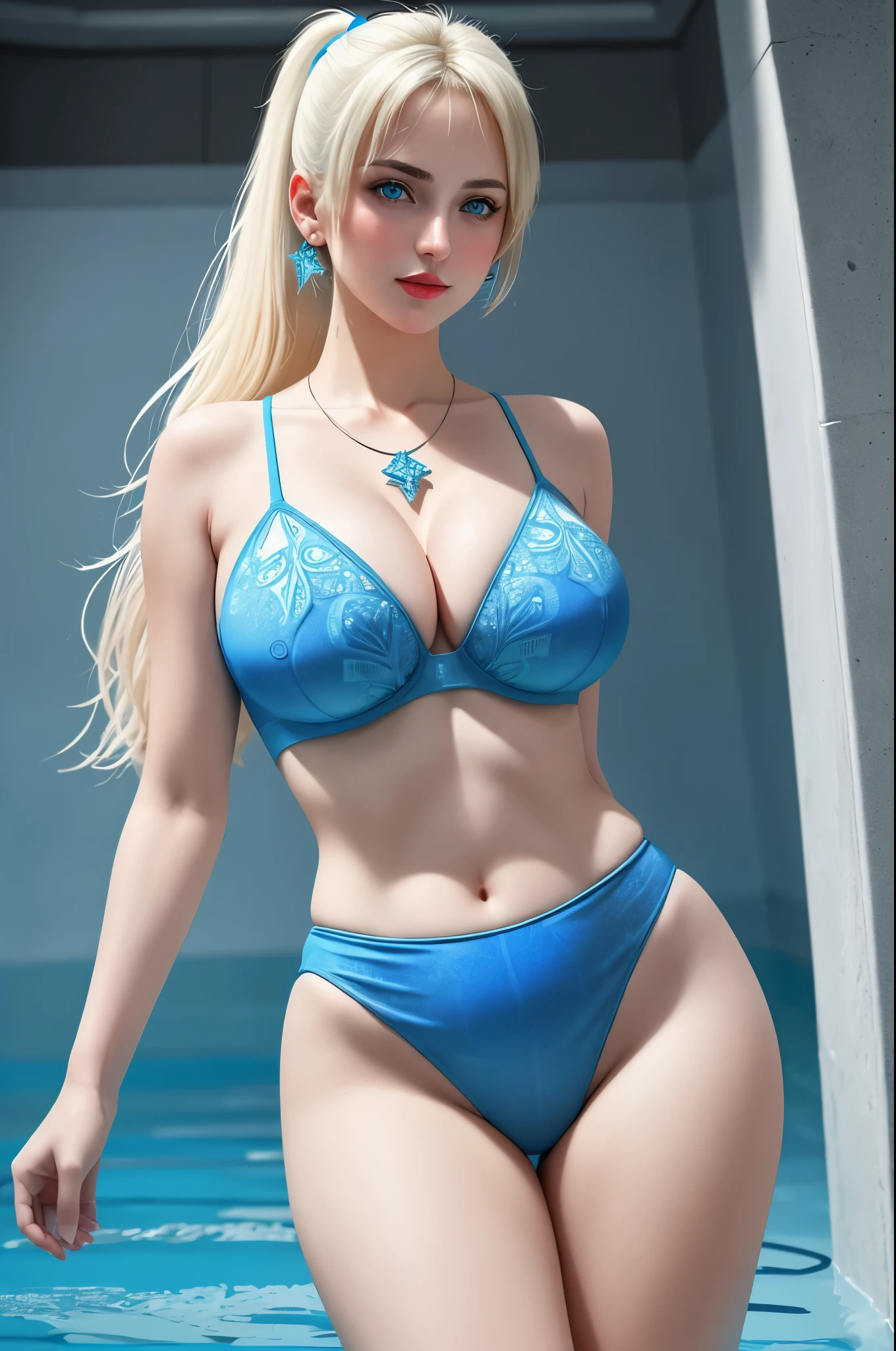 Hot Russian blonde girl  under water in pool, looks into the distance, beautiful face, {blue|green|grey} eyes, (((blonde) with thick straight short ponytails on the sides above her ears)), (big breasts, slim waist, big thighs, wide hips, big buttocks, long legs) BREAK (((bright luminous sheer blue high waisted swim-panties with complex intricate patterns, bright luminous sheer blue swim-bra with complex intricate patterns))) BREAK bracelets, necklace, bright red lipstick, (detailed cameltoe, camel toe, labia), (Best Quality, 16K, Masterpiece, Ultra HD:1.3, Ultra quality cinematic lighting, Huge detail, Well lit, 35mm, sharp, hyper realistic, epic scale, insane level of details, beautiful detailed girl, very detailed eyes and face, beautiful detailed eyes, ultra detailed skin, realistic skin)