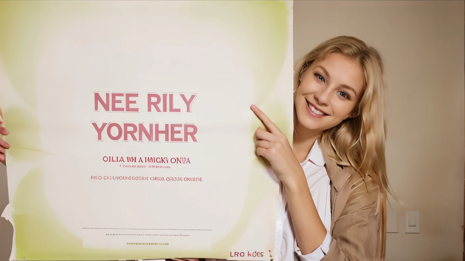 23 year old female reporter with dirty MEDIUM blonde hair, wearing Jeans and a casual jacket, pink lips, smiling, holding a big blank poster, dirty medium blonde hair, green eyes, realistic photography