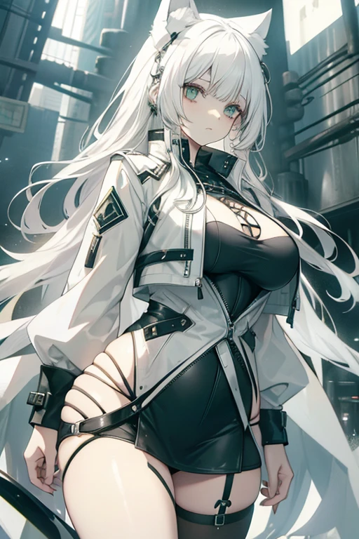 A white haired woman with green eyes with white wolf ears and white wolf is wearing a bra and underwear and an hourglass figure underneath a leather jacket.
