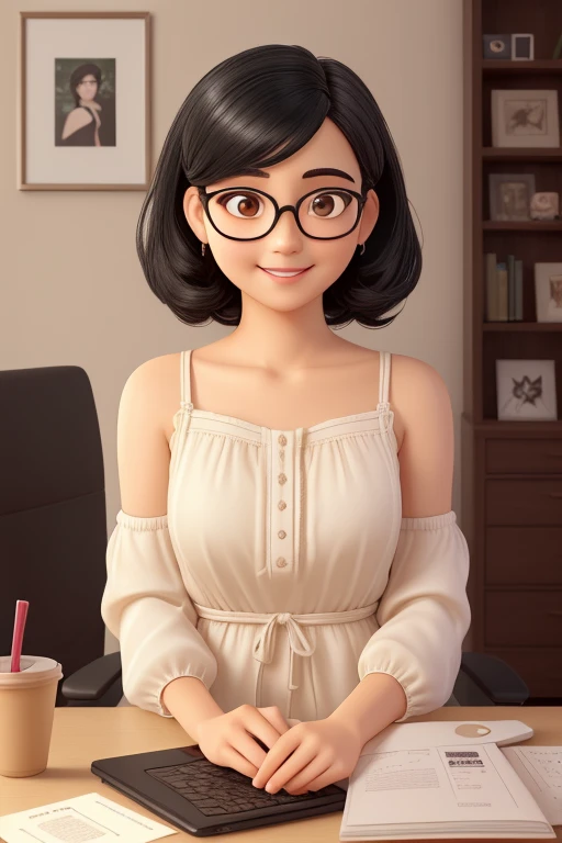 (highest quality,super detailed,realistic:1.37)oil、black hair、Shortcuts to the shoulder、round face、Wear glasses、30 years old、A gentle smile that envelops you、Unbleached beige loose girly dress、Highly curious、I love talking to people.。Open laptop and white coffee cup on desk、Bookshelf in background。soft lighting。