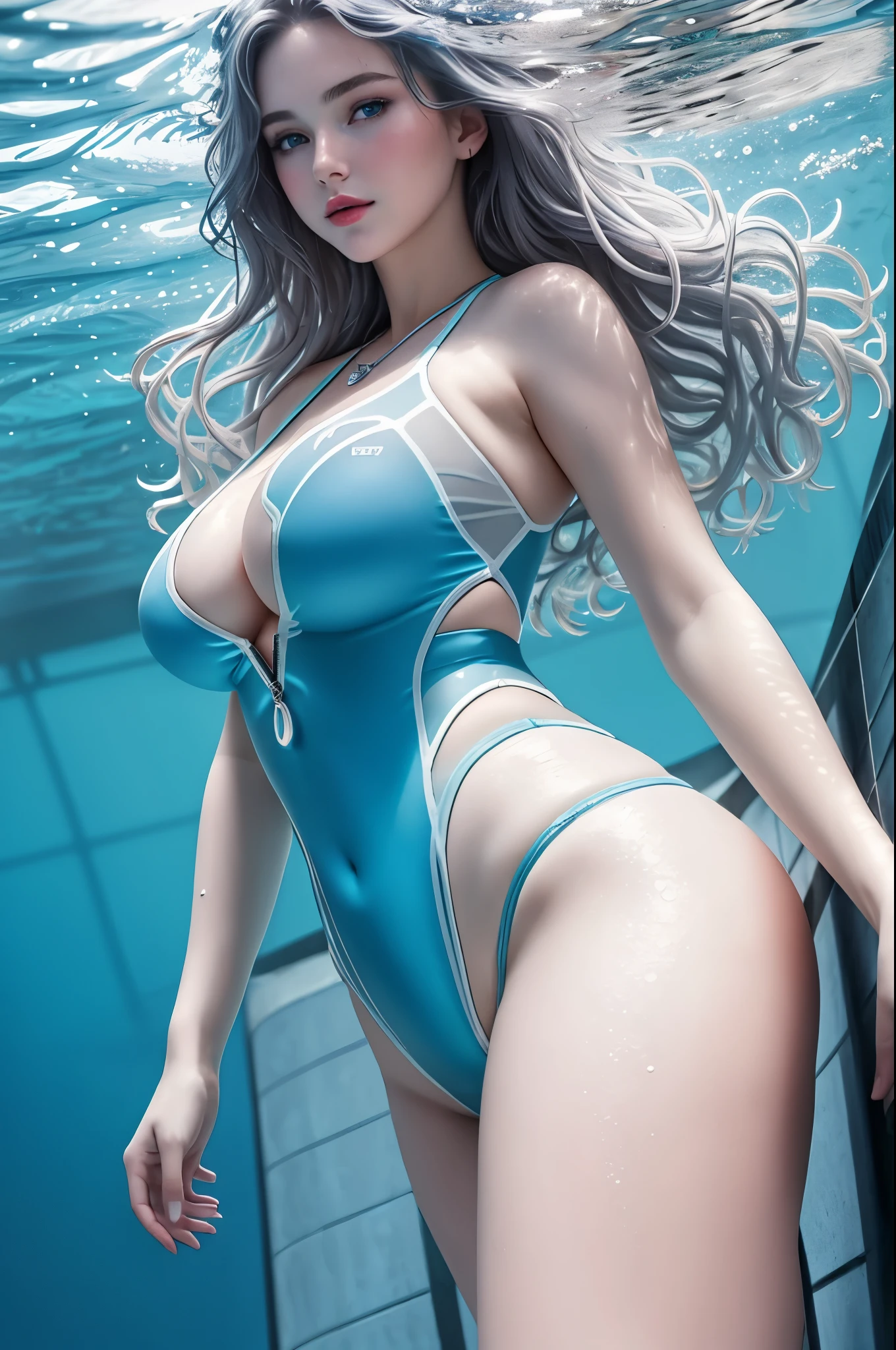 Hot Russian (((blonde))) girl (((swims under water in pool, underwater photography, flowing hair in the water, hair that floats with the waves, details of underwater hair, underwater light and shadow, small air bubbles, small air bubbles from the mouth, dive underwater, horizontal diving, swimming underwater, swim fins))), ((looks into the distance, beautiful face, {blue|green|grey} eyes, big breasts, slim waist, big thighs, wide hips, big buttocks, long legs)) BREAK (((bright luminous transparent blue swimsuit with complex intricate patterns))) BREAK bracelets, necklace, bright red lipstick, (detailed cameltoe, camel toe, labia), (Best Quality, 16K, Masterpiece, UHD:1.3, Ultra quality cinematic lighting, Huge detail, Well lit, 35mm, sharp, hyper realistic, epic scale, insane level of details, beautiful detailed girl, very detailed eyes and face, beautiful detailed eyes, ultra detailed skin, realistic skin)
