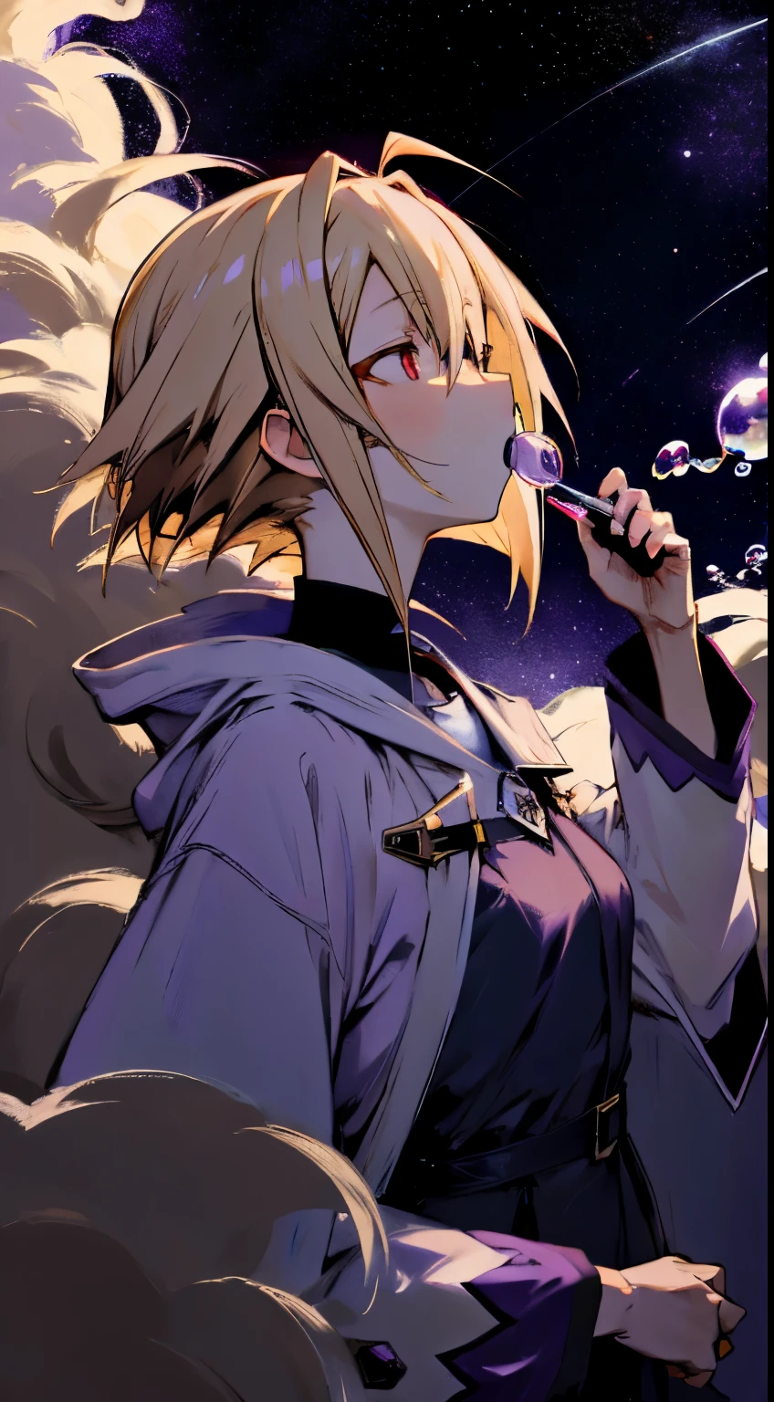 Anime style light blonde hair girl with violet color eyes blowing bubbles under the starry sky