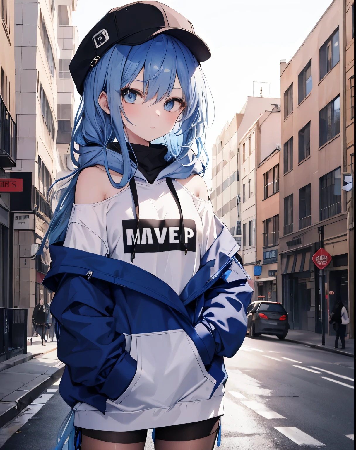 masterpiece,1 girl,alone,long hair,blue hair,hoodie,off shoulder:1.2, mob cap, street,put your hand on your waist, put one's hand in one's pocket,