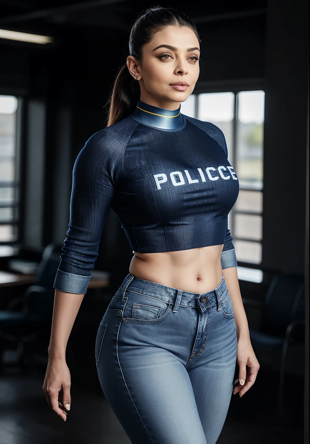 Full body photo of 50yo mature MILF Aishwarya Rai as police officer, ((tight blue jeans with tight mini crop top)), ((knee high boots)), ((ponytail hair)), bright sunny day scene, mature athletic curvaceous milf body, ((catwalk in police station)), hourglass milf figure, perfect breasts, (((raunchy expression))) on her face, look at a camera and wink one eye, soft volumetric lights, intricate details, (ArtStation:1.2)