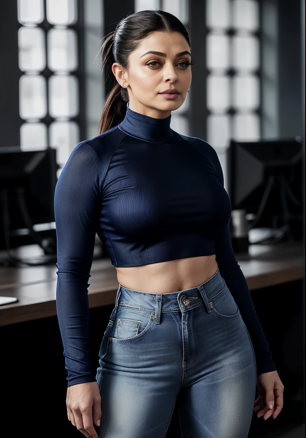 Full body photo of 50yo mature MILF Aishwarya Rai as police officer, ((tight blue jeans with tight mini crop top)), ((knee high boots)), ((ponytail hair)), bright sunny day scene, mature athletic curvaceous milf body, ((catwalk in police station)), hourglass milf figure, perfect breasts, (((raunchy expression))) on her face, look at a camera and wink one eye, soft volumetric lights, intricate details, (ArtStation:1.2)