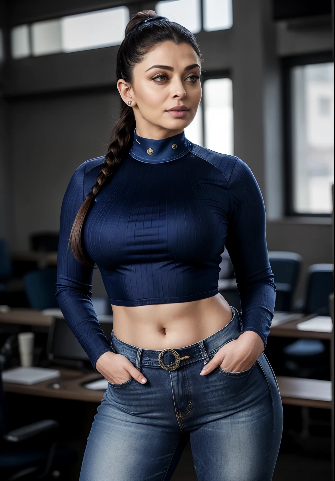 Full body photo of 50yo mature MILF Aishwarya Rai as police officer, ((tight blue jeans with tight mini crop top)), ((knee high boots)), ((ponytail hair)), bright sunny day scene, mature athletic curvaceous milf body, ((catwalk in police station)), hourglass milf figure, perfect breasts, (((raunchy expression))) on her face, look at a camera and wink one eye, soft volumetric lights, intricate details, (ArtStation:1.2)