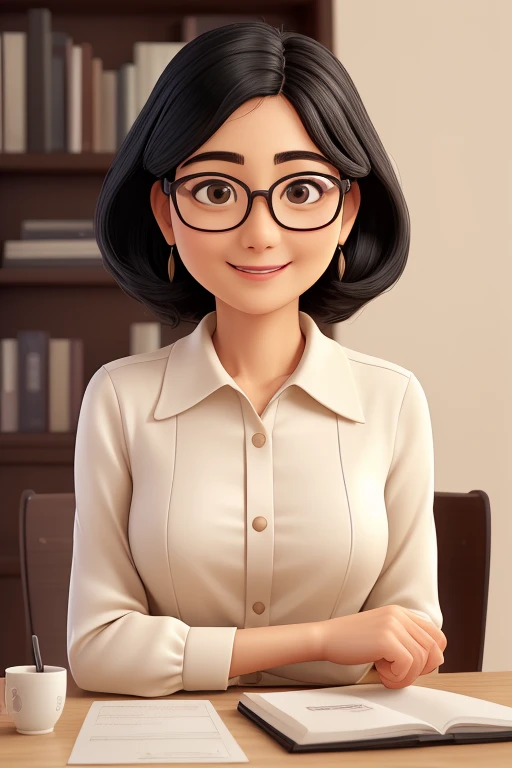 (highest quality,super detailed,realistic:1.37)oil、Laptop and white coffee cup left open on desk、black hair、Shortcuts to the shoulder、round face、Wear glasses、60 years old、A gentle smile that envelops you、Unbleached beige long-sleeved dress、Highly curious、I love talking to people.。Bookshelf in background。soft lighting。