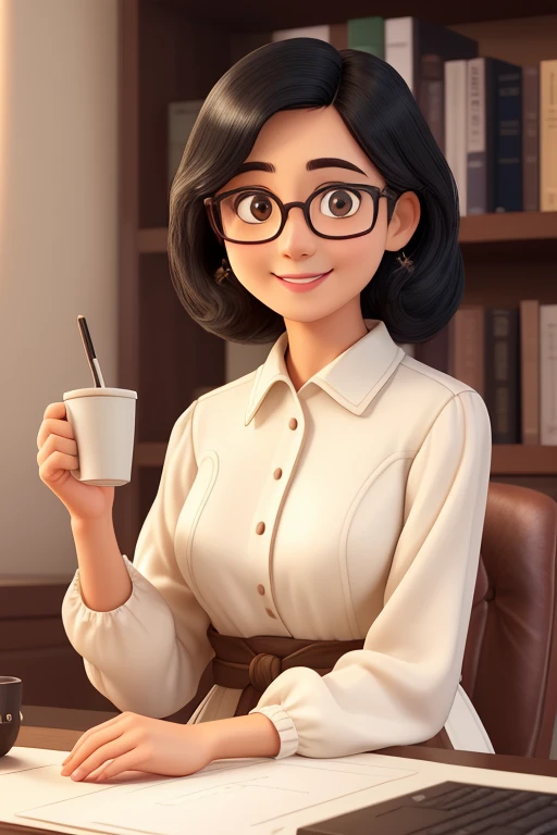 (highest quality,super detailed,realistic:1.37)oil、Laptop and white coffee cup left open on desk、black hair、Shortcuts to the shoulder、round face、Wear glasses、60 years old、A gentle smile that envelops you、Unbleached beige long-sleeved dress、Highly curious、I love talking to people.。Bookshelf in background。soft lighting。