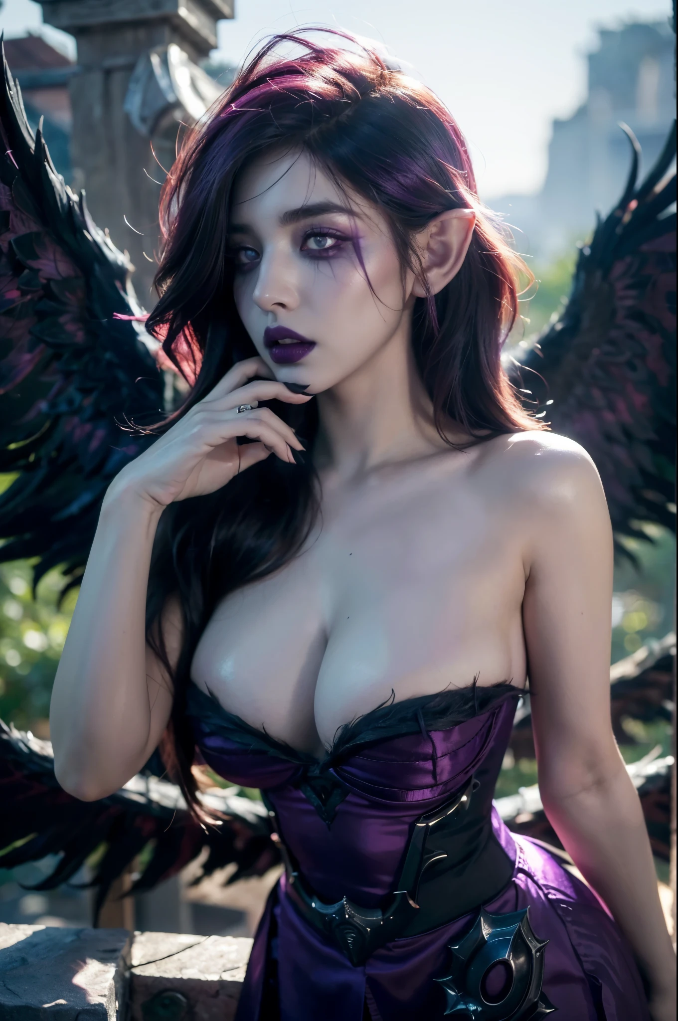 (1girl), (solo), (a detailed full body photo of a girl), (masterpiece:1.0), (best quality:1.4), (ultra highres:1.2), (photorealistic:1.4), 8k resolution, absurdres, ultra detailed, sharp focus, dark lighting, photorealistic, lifelike, (((Morgana_Default From League of Legends))), Beautiful face with symmetry, detailed skin texture, pale skin, ((purple eyes)), Intense highlighting of the eyes, (Intense purple glare of the eyes), Slightly bigger eyes, ((very huge and soft breasts)), Dark Purple Dress, (Low Black Wings), heavy makeup, eye_makeup, Black Lipstick, full lips, elf ears, angry face, Scenery with ruins and dark forest at night