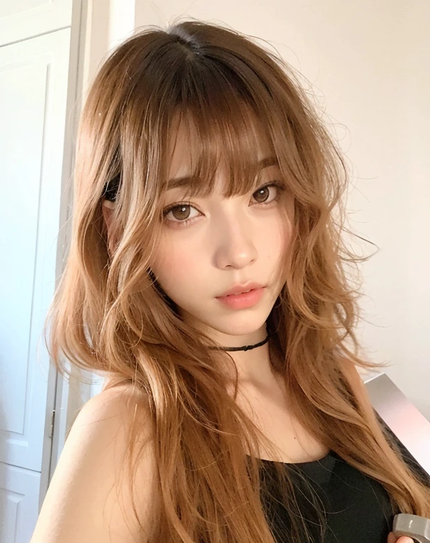 arafed woman with long red hair holding a knife in her hand, long hair with bangs, fluffy bangs, the hime cut, lalisa manobal, long hair with full bangs, bangs and wavy hair, with bangs, brown bangs, neat hair with bangs, brown hair and bangs, chiho, brown hair with bangs, messy bangs
