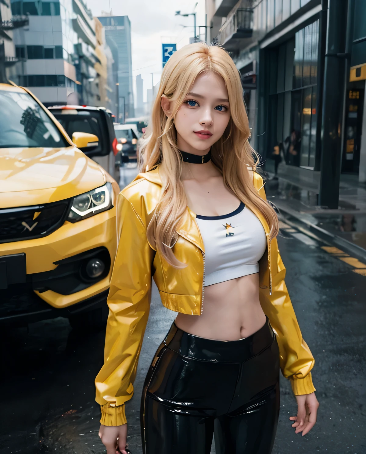 1girl, (Blue Eyes), serious face, (Sana Minatozaki), wide hips, Big Boobs, big ass, (Best Quality, 8k, Masterpiece: 1.3), Clear Focus: 1.2, Perfect Body Beauty: 1.4, Slender Abs: 1.2, Highly detailed face and skin texture, detailed eyes, double eyelids, (blonde long hair), (long yellow and purple t-shirt), (gray rubber pants), (boots), standing in an abandoned building