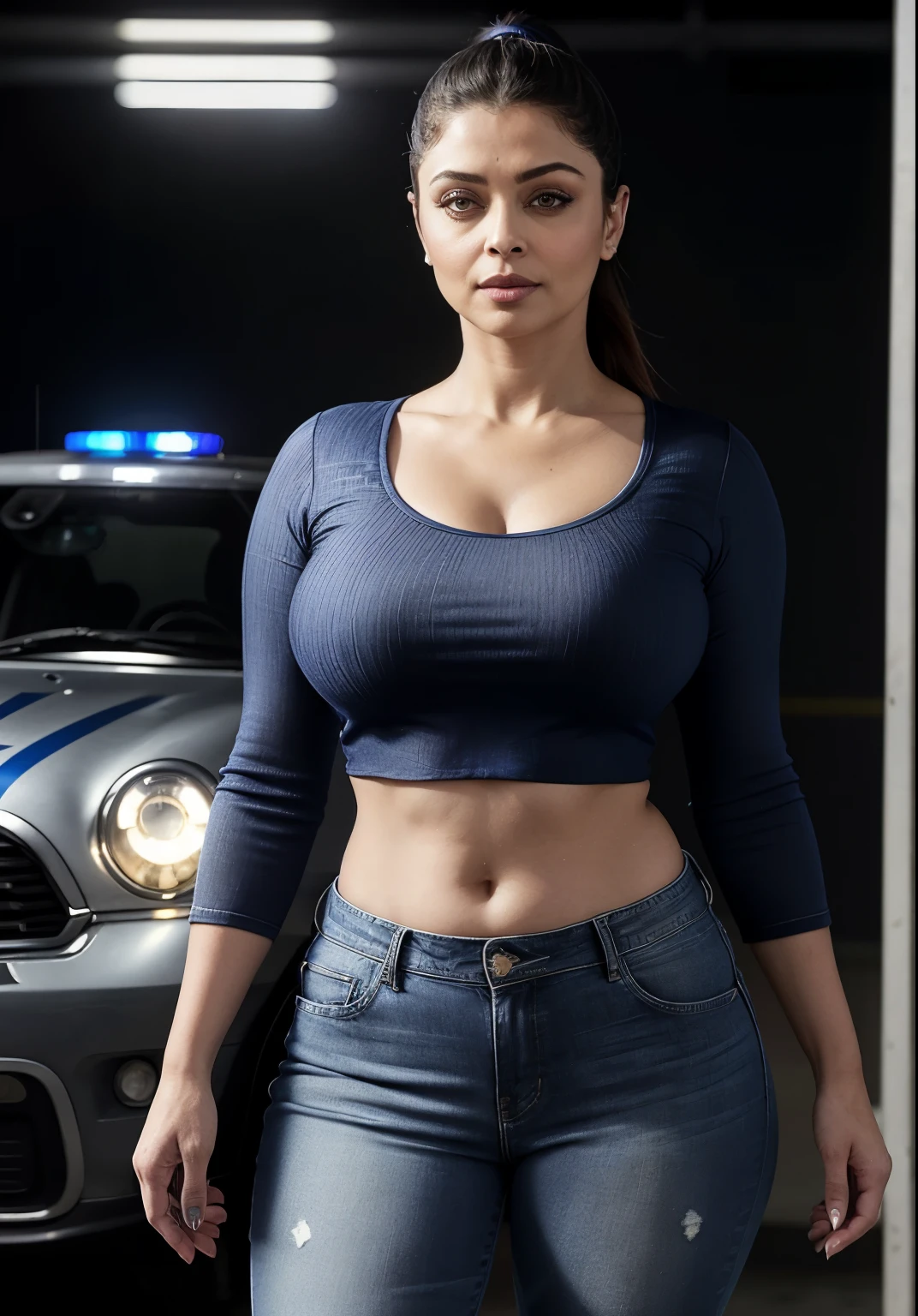 Full body photo of 50yo mature MILF Aishwarya Rai as police officer, ((tight blue jeans with tight mini crop top)), ((knee high boots)), ((ponytail hair)), bright sunny day scene, mature curvaceous milf body, ((catwalk in police station)), mature hourglass milf figure, perfect breasts, massive cleavage, (((raunchy expression))) on her face, look at a camera and wink one eye, soft volumetric lights, intricate details, (ArtStation:1.2)
