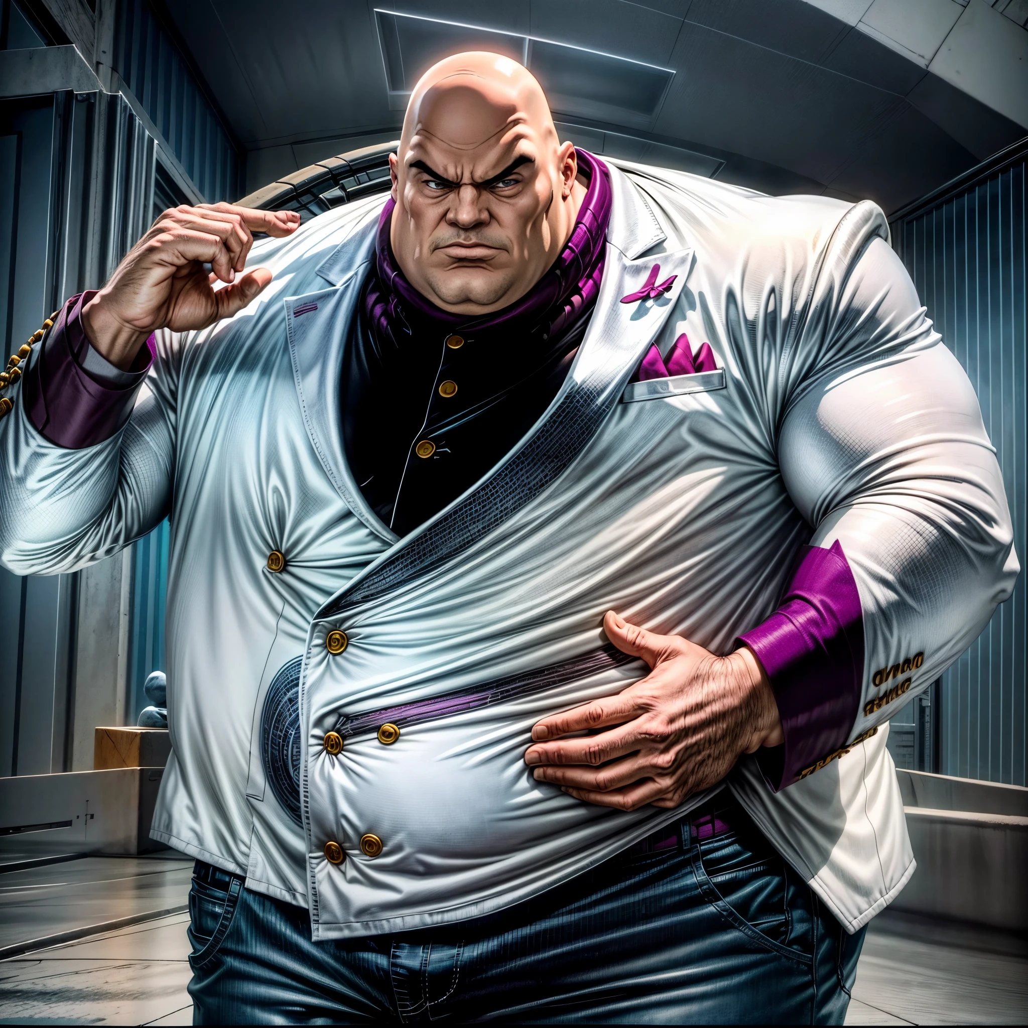 "Kingpin" de Marvel, Usando un traje blanco elegante, expression would be, Solo, headshot foto de perfil, foto de perfil, Mirando directamente al espectador, Imagen de muy alta calidad, iluminado desde un lado, Foto tomada a principios de 2020, Solo mostrando la cabeza, Estilo anime cyberpunk, Se muestra una playa de fondo, With the skin of a 25 year old young man.