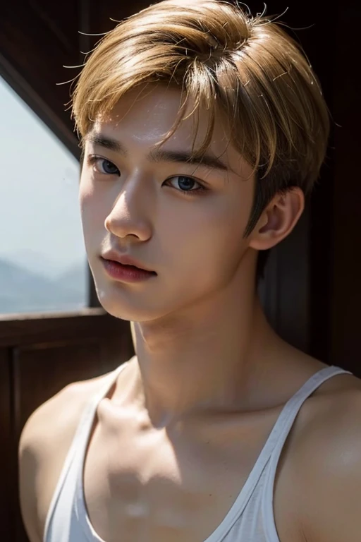 best quality, High quality, High resolution, 4k, Masterpiece, detailed face, South Korea, Handsome young man, tank top , Short blonde hair ,