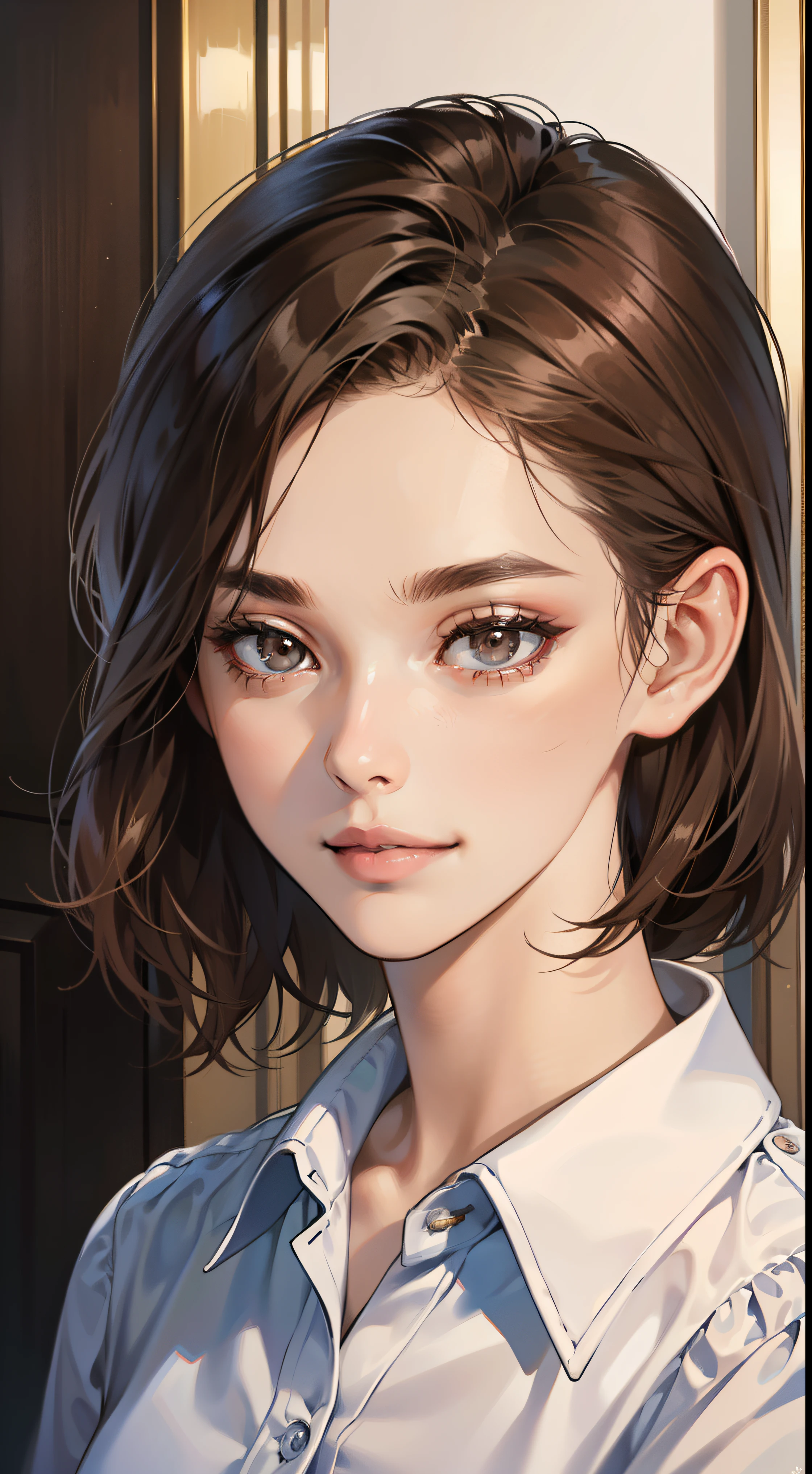 masterpiece, best quality, realistic, 1woman, mature woman, quiet and charming young woman, 25 year old, a smirk, closed mouth, portrait, extremely detailed face, a little distant, ((dark eyes)), ((short-right-swept dark brown hair)), [thick eyebrows], ((shirt)) beautiful, distant shot