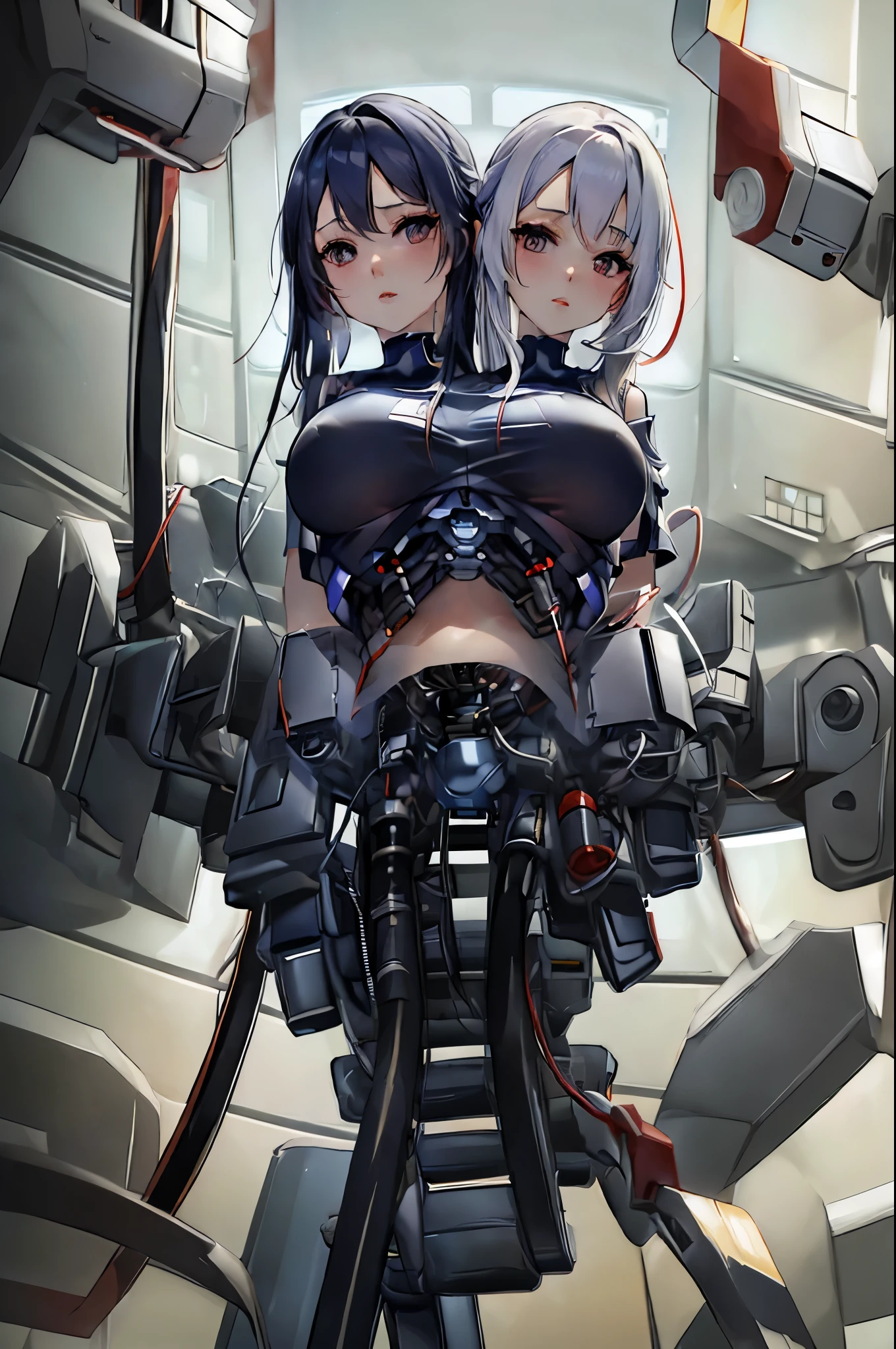 (2heads:1.4), robot girl, android, hanging, long hair, robot_torso, mechanical parts, upper body, cable, masterpiece, t-shirt
