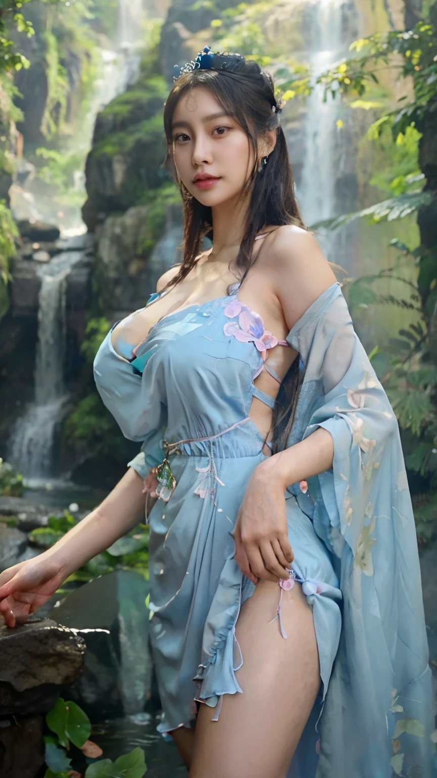 arafed asian woman in blue dress pink breasts posing in front of waterfall, japanese goddess, beautiful fantasy empress, trending on cgstation, wlop.  4k, beautiful girl, beautiful alluring anime woman, beautiful goddess, high quality detailed art 8k, highly detailed goddess shots, beautiful fantasy girl, ((beautiful fantasy empress))