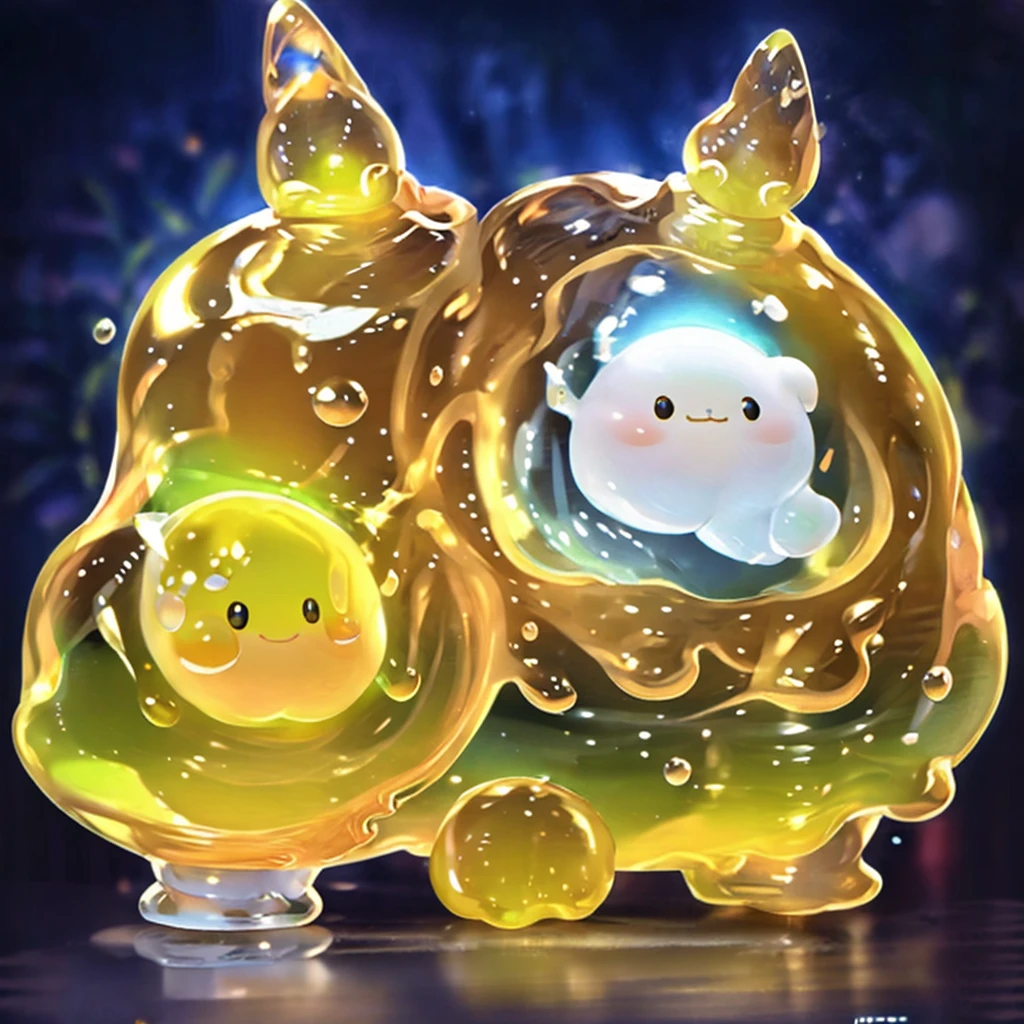 mango clear slime in a glass bottle, cute toy, bubbly cute, big anime eyes, smile