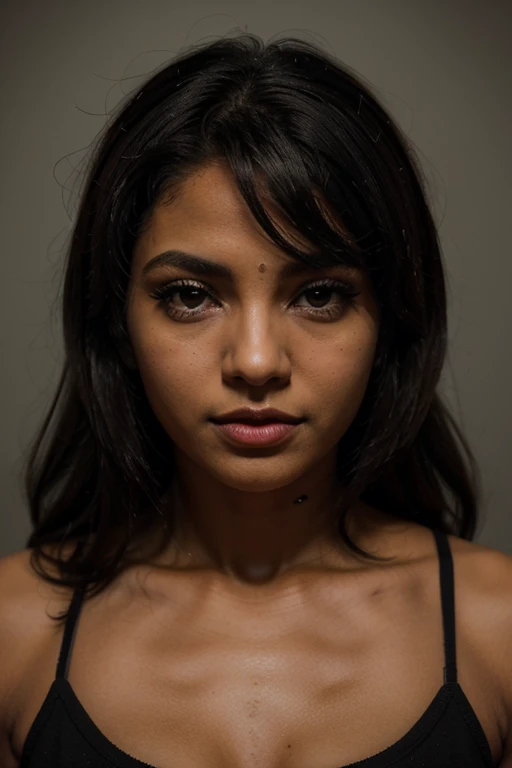 (close-up, editorial photograph of a 41 year old curvy South indian woman), (highly detailed face:1.4) (smile:0.7) (background inside dark, moody,) POV, photograph,rich colors ,hyper realistic ,lifelike texture, dramatic lighting ,