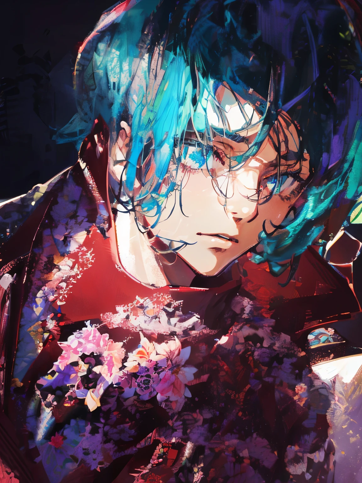 (best quality, highres, ultra-detailed, realistic:1.37), handsome anime boy, galaxy black hair, holding flowers, expressive eyes, delicate facial features, stylish outfit, graceful posture, vibrant colors, dynamic lighting