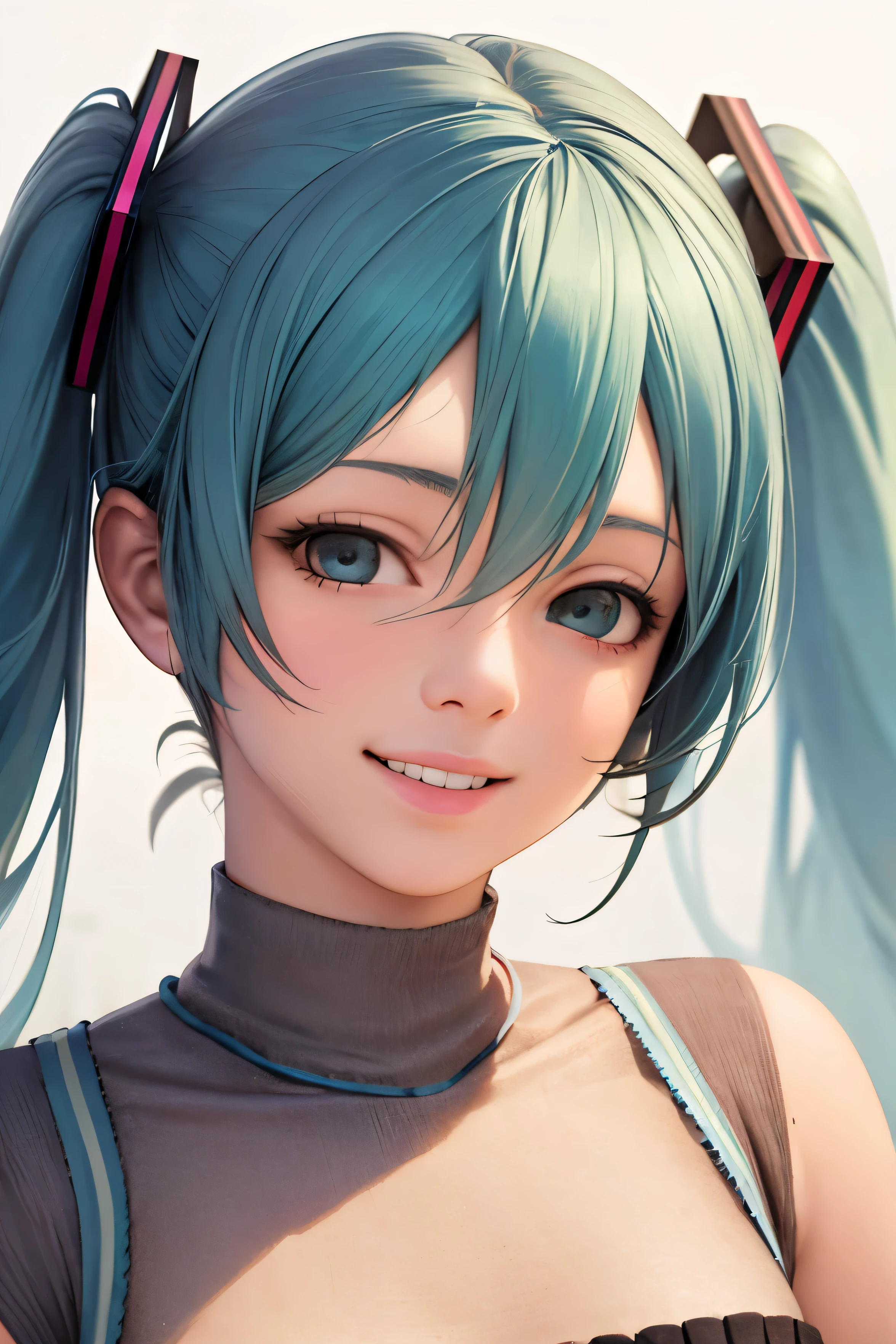 ((best quality)), ((masterpiece)), ((Realistic)), 1girl, hatsune miku, Realistic face, smile face, shirt, high angle