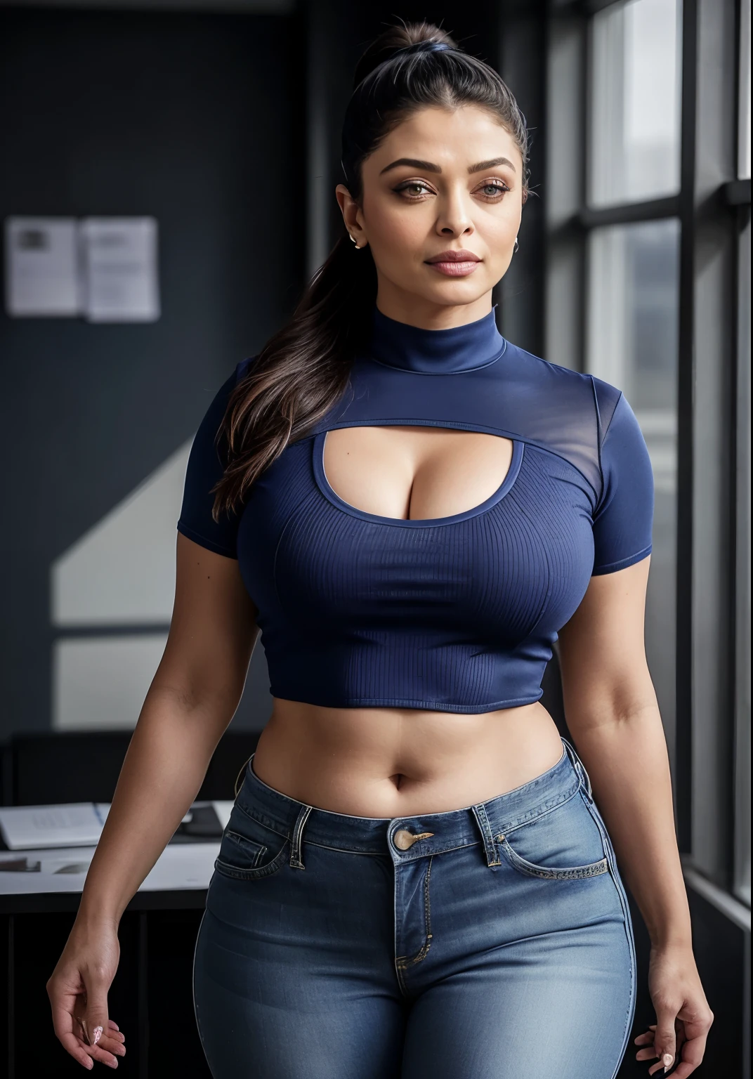 Full body photo of 50yo mature MILF Aishwarya Rai as police officer, ((tight blue jeans with tight mini crop top)), ((knee high boots)), ((ponytail hair)), bright sunny day scene, mature curvaceous milf body, ((catwalk in police station)), mature hourglass milf figure, perfect breasts, massive cleavage, (((raunchy expression))) on her face, look at a camera and wink one eye, soft volumetric lights, intricate details, (ArtStation:1.2)