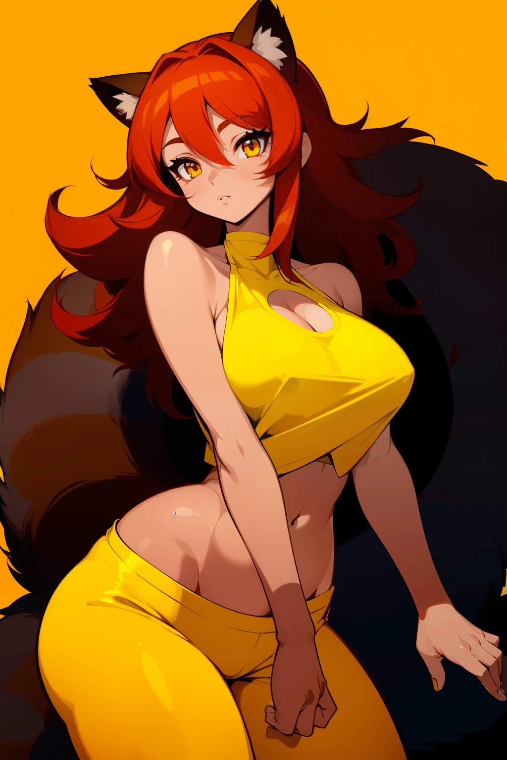((masterpiece,best quality)), Brown skin, yellow eyes, long red hair, halter top, shorts, raccoon ears, raccoon tail, big breasts, big hips, hair between eyes, hair flares out, 1girl, solo, brown-skinned female, red-haired female, front view, plump body