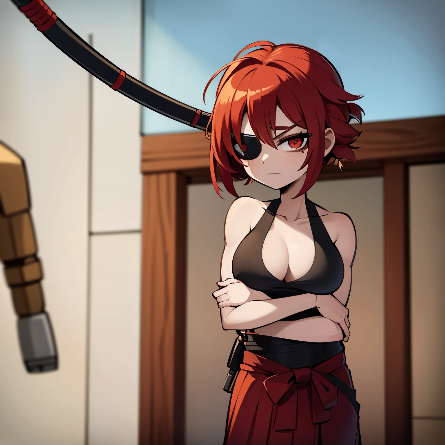 Anime style image of a red-haired girl who wears a Hakama and is holding a katana in her right arm and her left eye is covered by an eyepatch. She is muscular and is holding a katana. Her body is full of scars. 