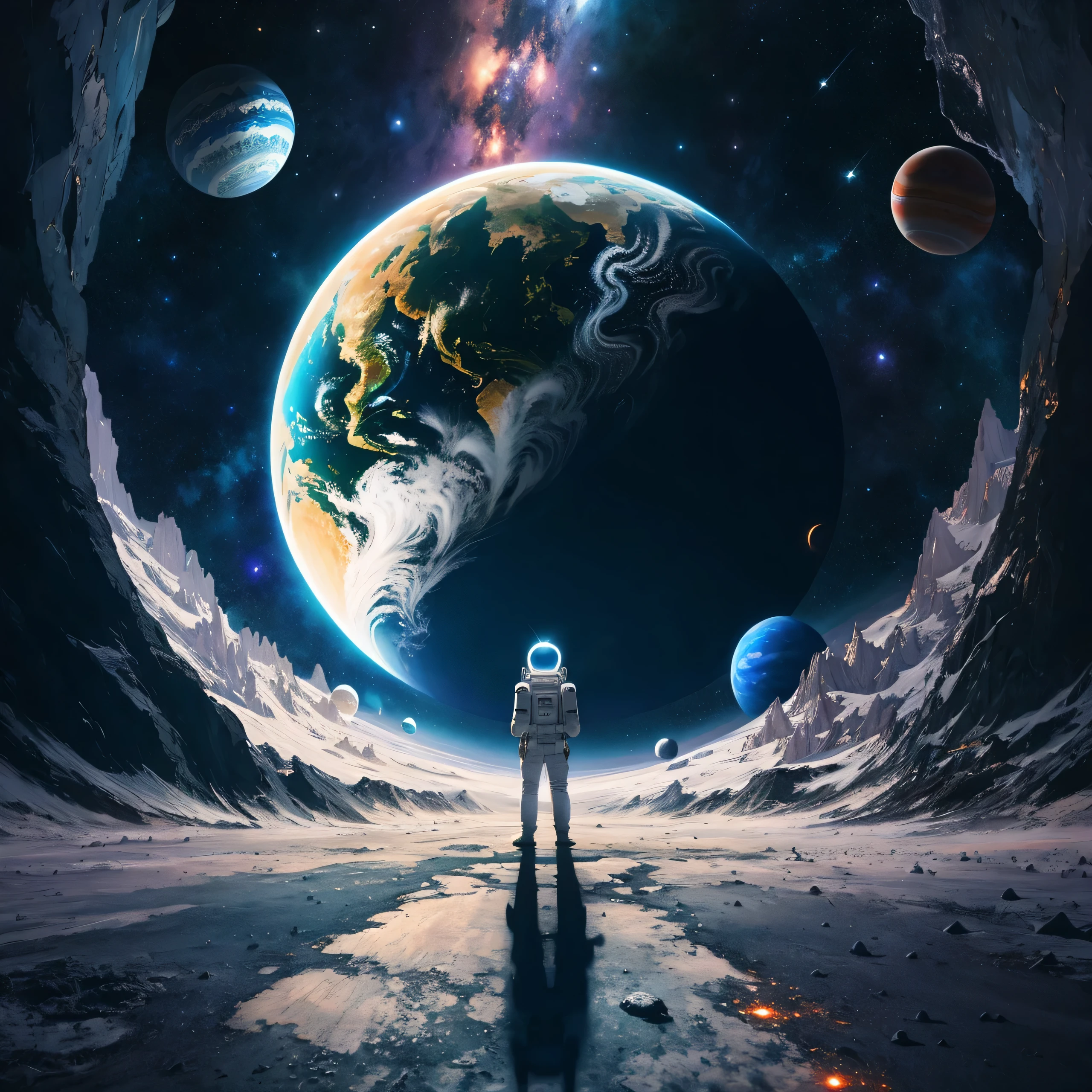 Astronaut standing in a tunnel looking at the planets, standing in outer space, Looking into space, inspirado em Cyril Rolando, surreal space, olhando para o cosmos, 8k arte impressionante, unknown space, arte de fundo, Beeple e Tim Hildebrandt, arte do bipe, Digital science fiction art illustration, portal to outer space, fantasy space