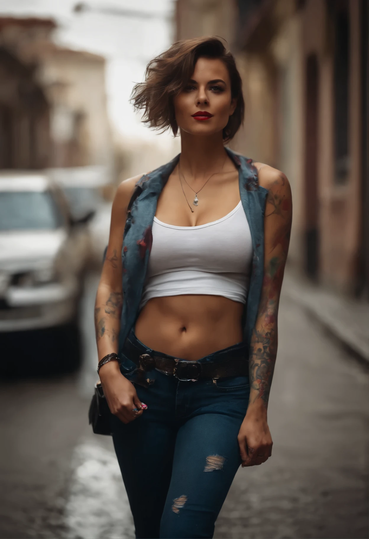 (masterpiece, best quality, high resolution:1.2), extremely detailed, colorful, paint splatter, colorful paint splatter, professional full-body photo of  a gangster  woman with a tattoo on her arm, film still wearing tied hot cut jeans short,  tied white t-shirt showing her tummy and Billy, cut sleeves t-shirt tied on her boobs, medium size boobs, slow motion, turning her waste to look at viewer, a seducing  smile on her face, pov, high quality, masterpiece, cinematic, close up, realistic, high res, pretty face, standing in middle of a crowded street, people at street scarred and running away from her, ,   (cinematic dark lighting, cinematic exposition, 4K realistic texture), (dynamic pose, soles, perfect face, cute, joker haircut, crazy laughing, crazy laugh, colorful, full body, paint explosion)