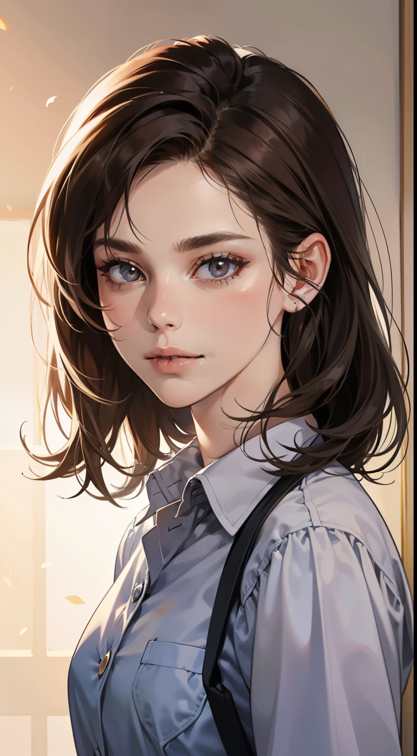masterpiece, best quality, realistic, 1woman, mature woman, quiet and charming young woman, 25 year old, a smirk, closed mouth, portrait, extremely detailed face, a little distant, ((dark eyes)), ((short-right-swept dark brown hair)), [thick eyebrows], ((shirt)) beautiful, half body shot