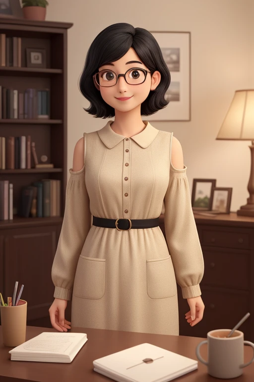 (highest quality,super detailed,realistic:1.37)oil、information collector、I am explaining to the person in front of me while looking at my laptop at my desk.、black hair、Berry short cut to the shoulders、round face、Wear glasses、60 years old、A gentle smile that envelops you、Unbleached beige long-sleeved dress、Highly curious、I love talking to people.。Bookshelf in background。soft lighting。