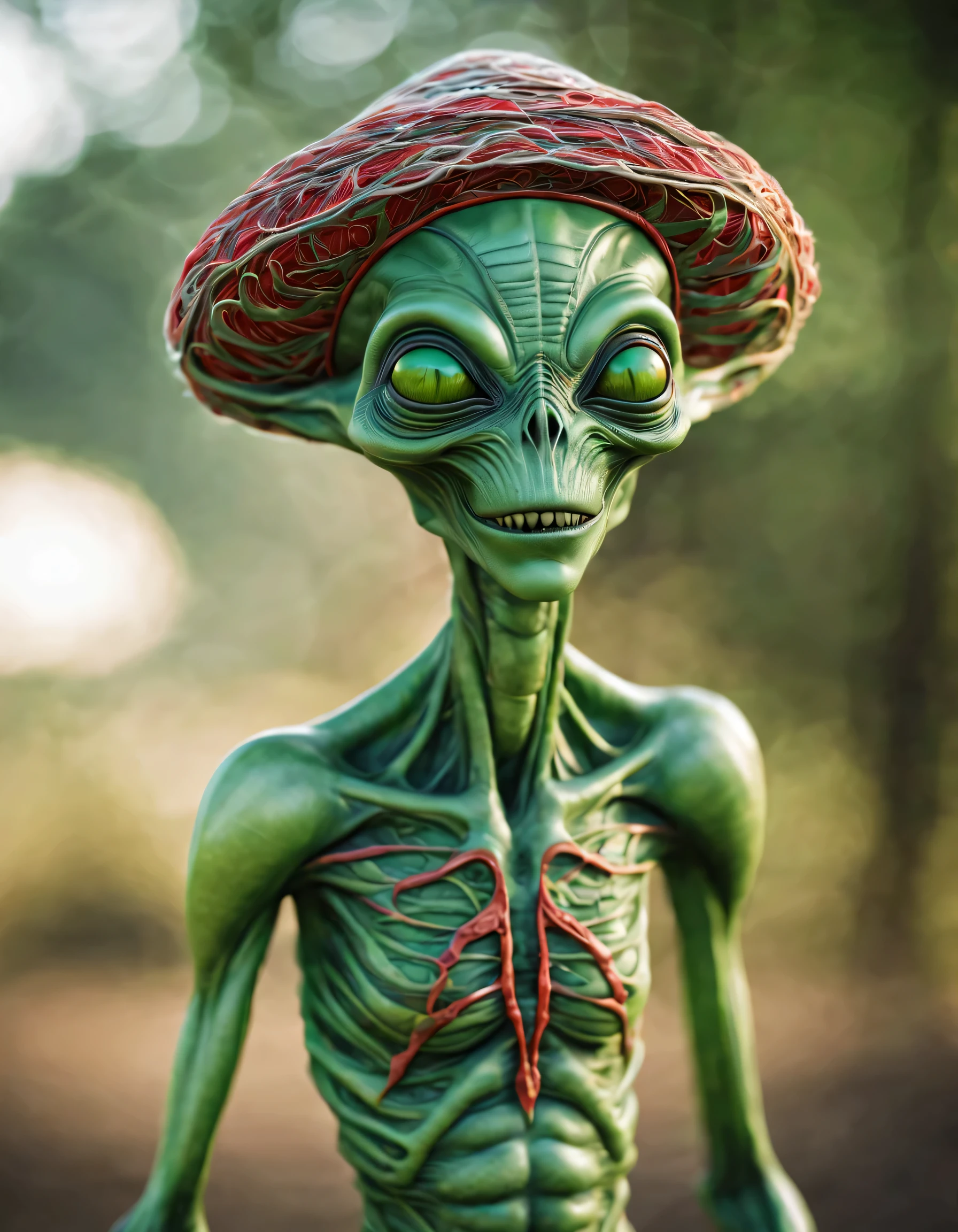 Cheerful alien life form looks very unusual and funny, he has clear green skin, Veins and blood vessels are visible under the skin, alien life form wears a loincloth, An alien life form has an unusual headdress, woven from thin shiny threads, forming intricate patterns and smooth weaving., high detail, Sharp Focus, great depth of field