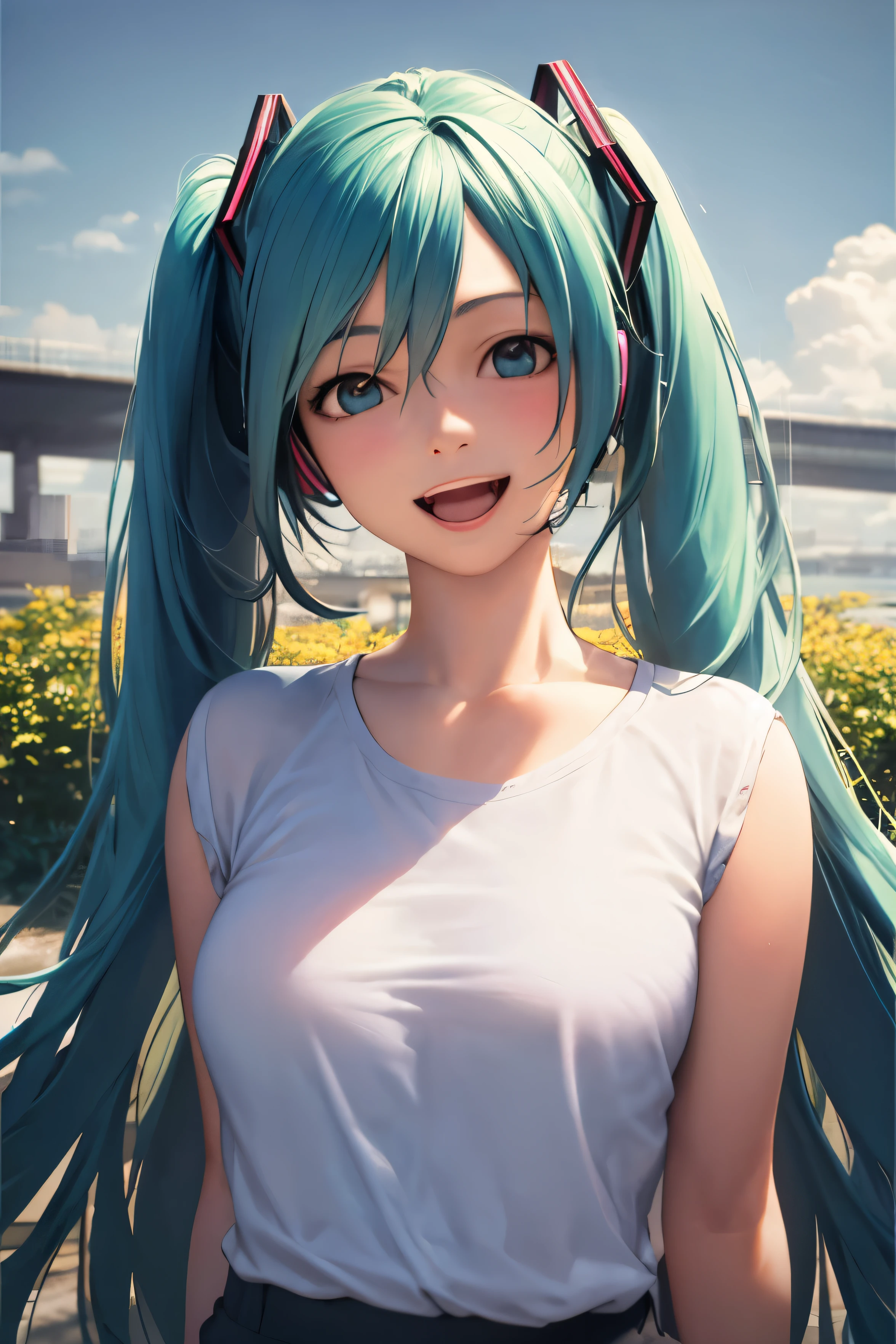 ((best quality)), ((masterpiece)), ((Realistic)), 1girl, hatsune miku, smile, open mouth, shirt
