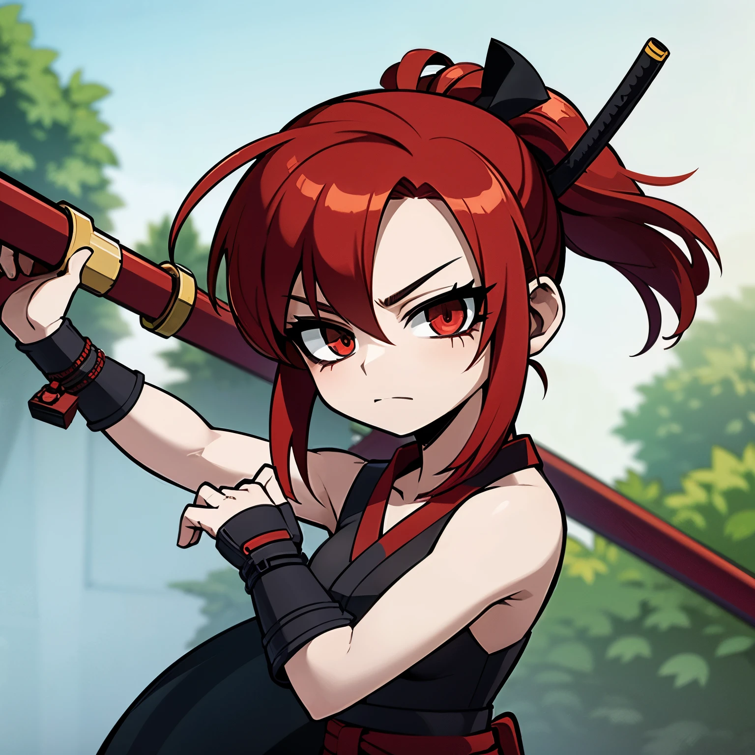 Anime style image of a red-haired girl who wears a Hakama and is holding a katana in her right arm and her left eye is covered by an eyepatch. She is muscular and is holding a katana. Her body is full of scars. 