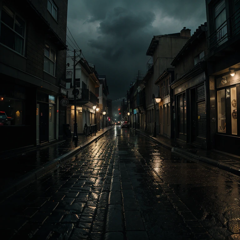 A dark rainy night street
