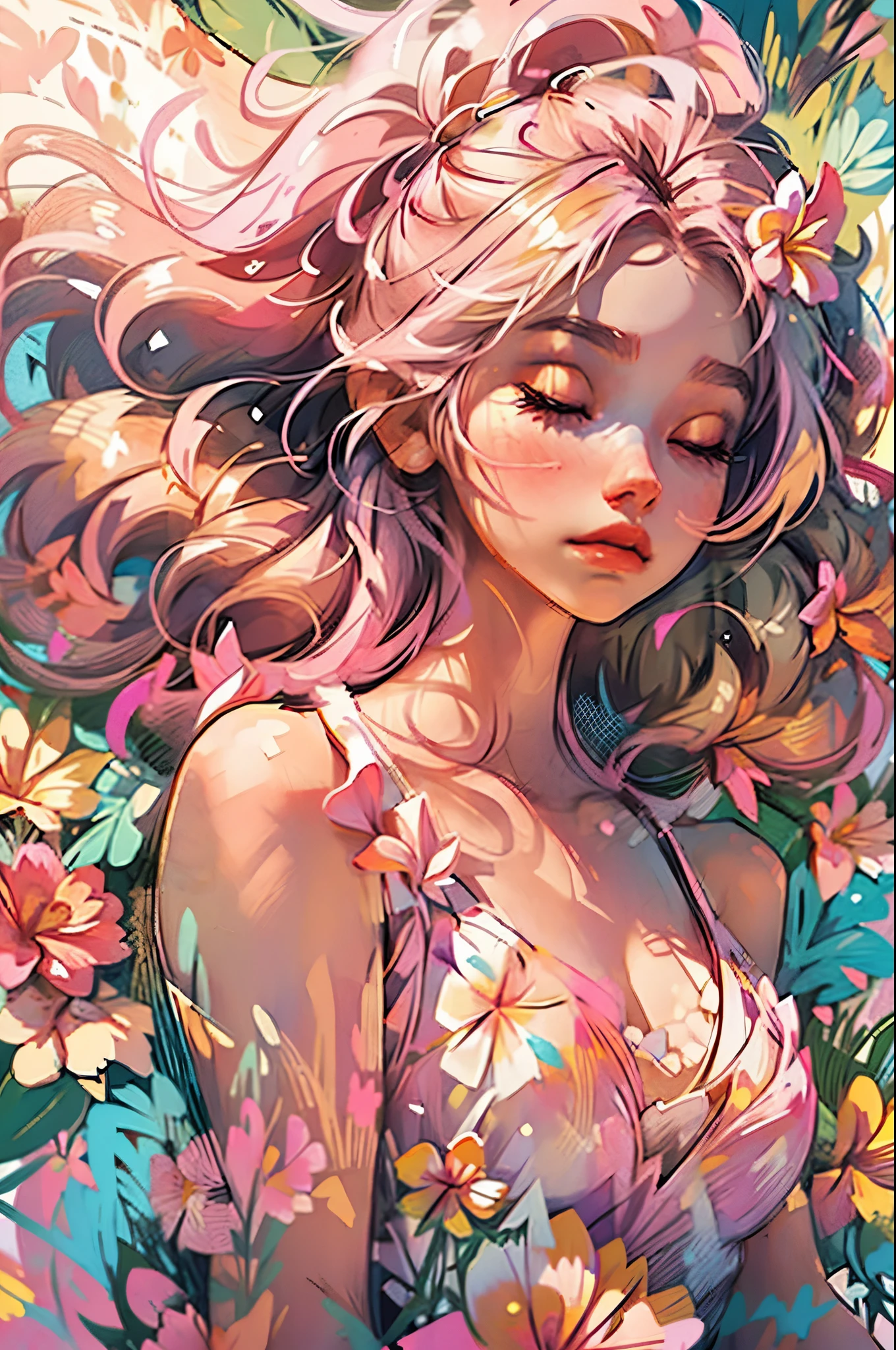 1girl, solo, flower, dress, blonde hair, closed eyes, pink flower, plumeria, lying, white dress, pink yellow plumeria, on back, lips, makeup, sleeveless, floral print