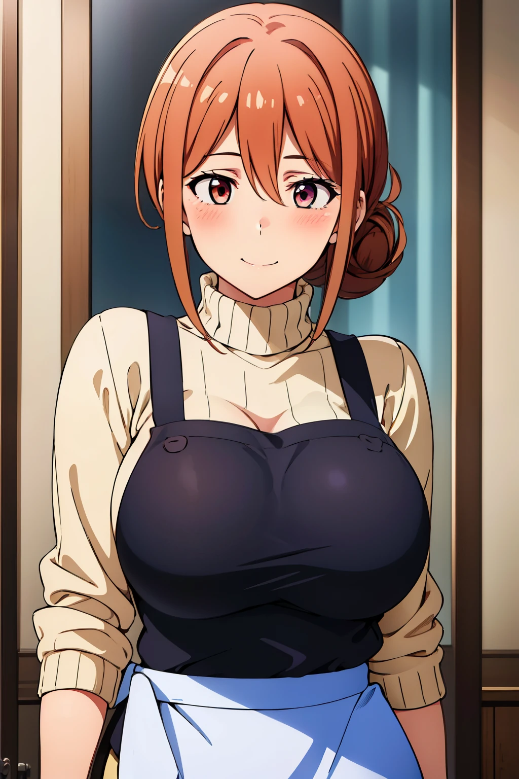 best quality, high resolution, (looking away:1.2), 1girl, blush, embarrassed, smile, (huge breasts:1.2), in summer,modern apartment, ribbed sweater, turtleneck, purple_apron, purple bowtie, pencil skirt, hair_between_eyes, hair_bun, brown_hair,brown_eyes, 1 girl, 24yo,mature female,(narrow_waist), (from side:0.8)