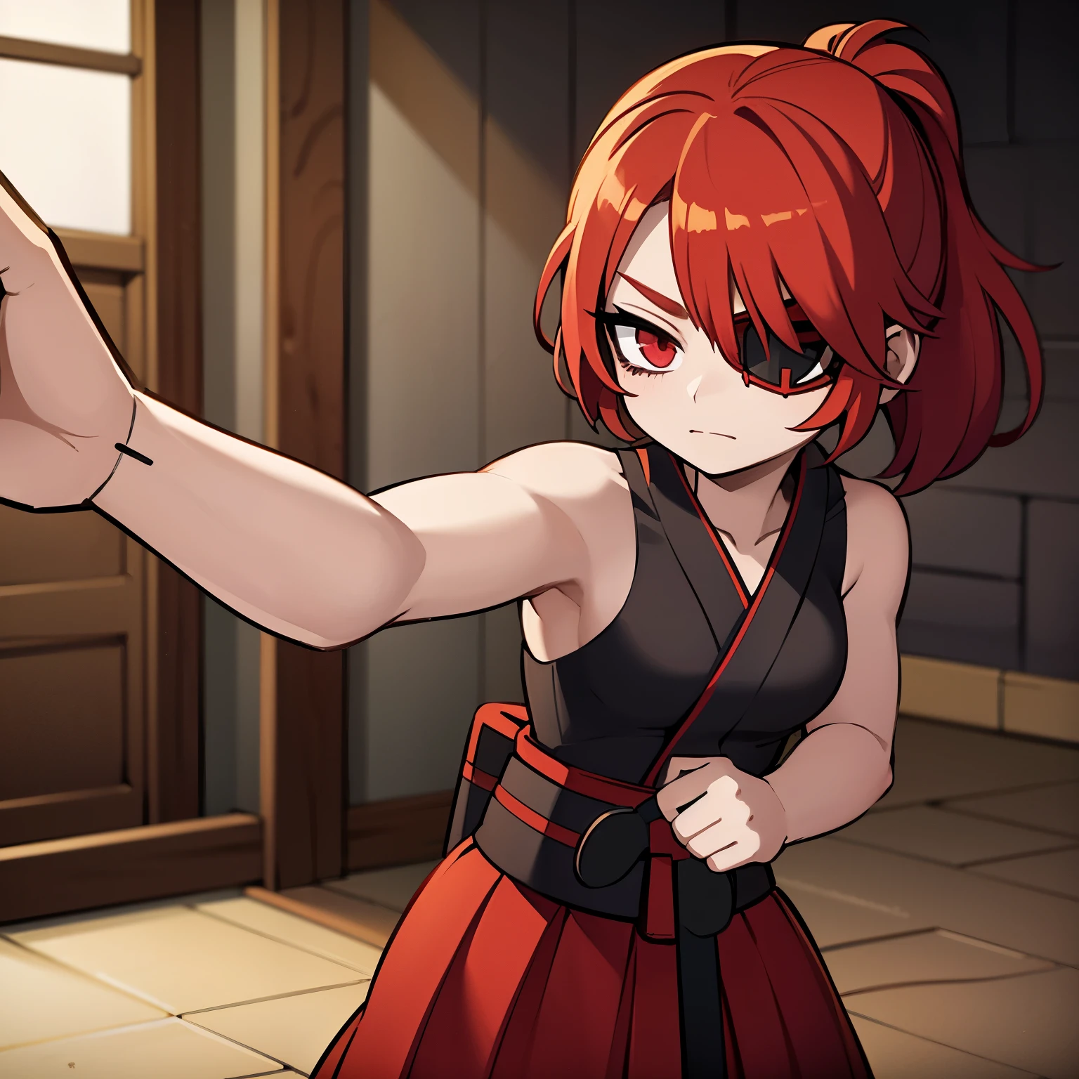 Anime style image of a red-haired girl who wears a Hakama and is holding a katana in her right arm and her left eye is covered by an eyepatch. She is muscular and is holding a katana. Her body is full of scars.