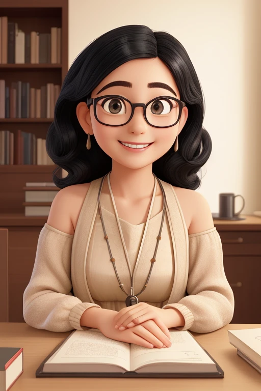 (highest quality,super detailed,realistic:1.37)oil、information collector、Smiling in room working on laptop at desk、black hair、Shortcuts to the shoulder、round face、Wear glasses、60 years old、A gentle smile that envelops you、Unbleached beige long-sleeved dress、Highly curious、I love talking to people.。Bookshelf in background。soft lighting。