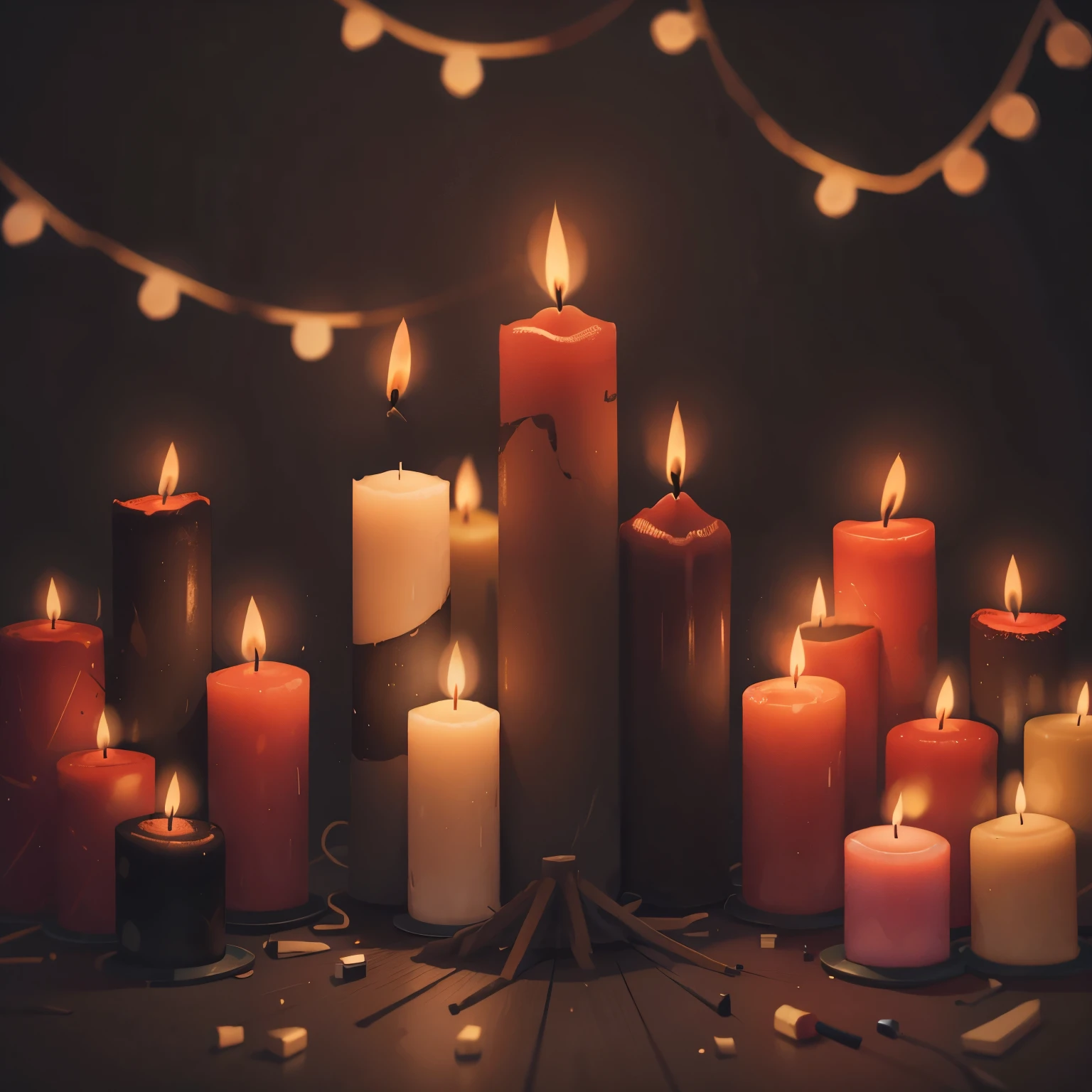 many candles in the background, full of candles, more than 40 candles, candles ONLY, on a dark background, flames