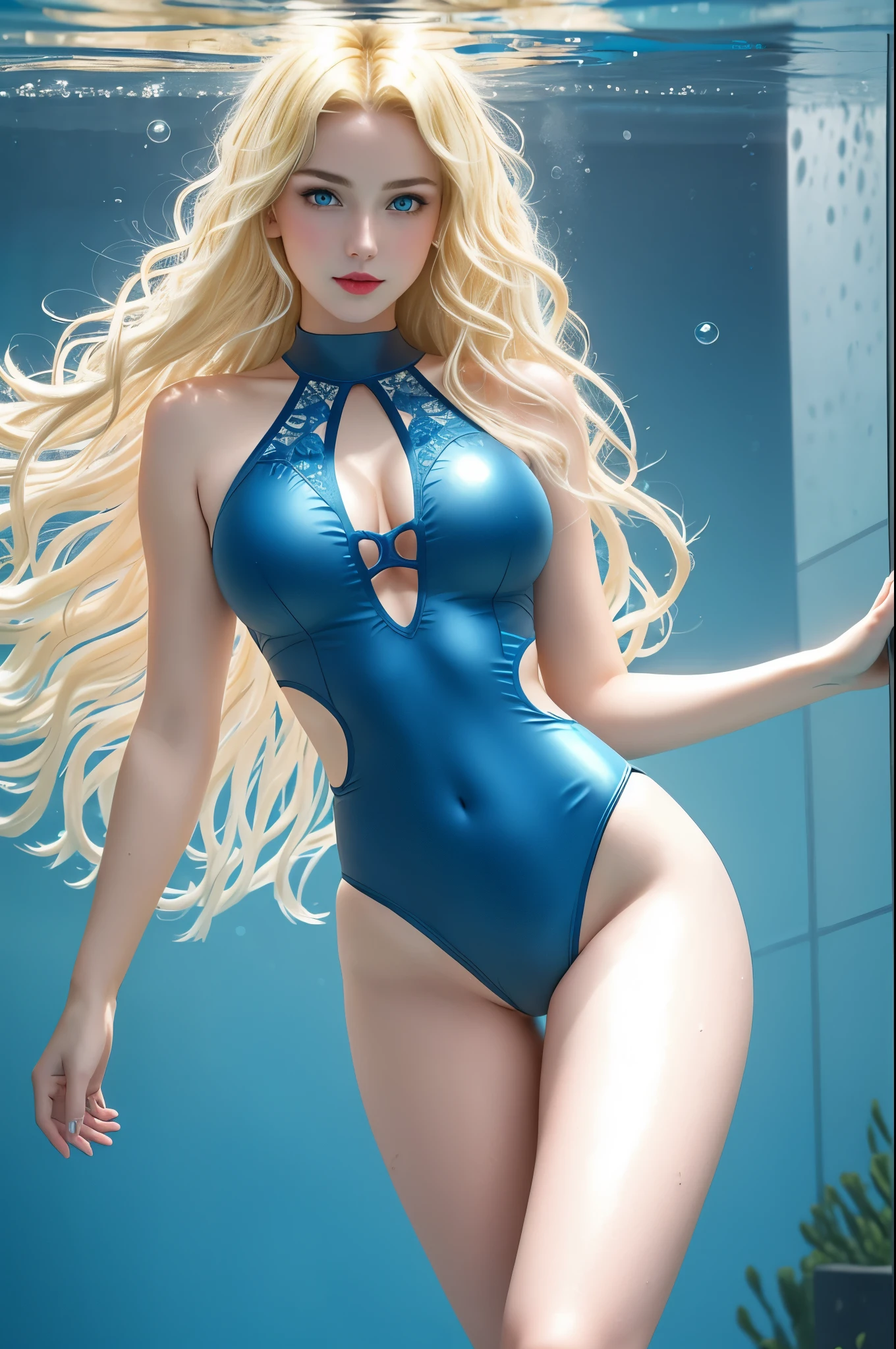 Hot Russian blonde girl  (((swims under water in pool, underwater photography, flowing hair in the water, hair that floats with the waves, details of underwater hair, underwater light and shadow, small air bubbles, small air bubbles from the mouth, dive underwater, horizontal diving, swimming underwater, swim fins))), ((looks into the distance, beautiful face, {blue|green|grey} eyes, big breasts, slim waist, big thighs, wide hips, big buttocks, long legs)) BREAK (((bright luminous transparent blue two-piece swimsuit with complex intricate patterns))) BREAK bracelets, necklace, bright red lipstick, (blonde hair:1.5), (detailed cameltoe, camel toe, labia), (Best Quality, 16K, Masterpiece, UHD:1.3, Ultra quality cinematic lighting, Huge detail, Well lit, 35mm, sharp, hyper realistic, epic scale, insane level of details, beautiful detailed girl, very detailed eyes and face, beautiful detailed eyes, ultra detailed skin, realistic skin)