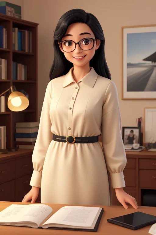 (highest quality,super detailed,realistic:1.37)oil、information collector、Smiling in room working on laptop at desk、black hair、Sauvage up to the shoulders、round face、Wear glasses、60 years old、A gentle smile that envelops you、Unbleached beige long-sleeved dress、Highly curious、I love talking to people.。Bookshelf in background。soft lighting。