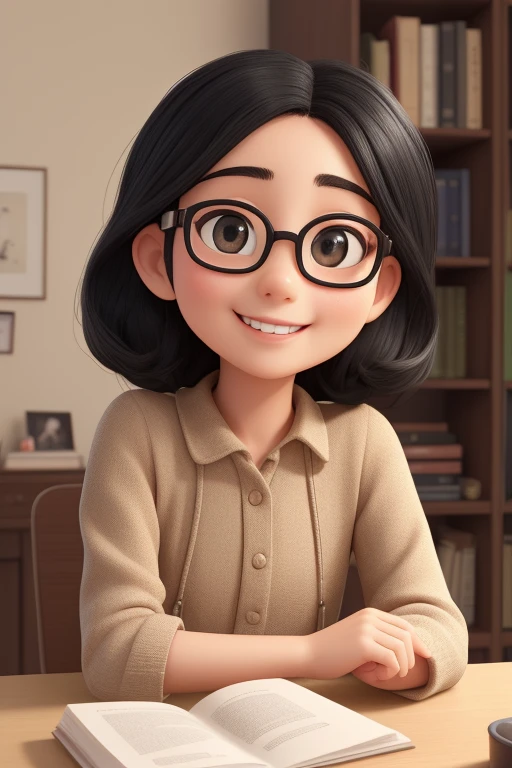 (highest quality,super detailed,realistic:1.37)oil、information collector、Smiling in room working on laptop at desk、black hair、Sauvage up to the shoulders、round face、Wear glasses、60 years old、A gentle smile that envelops you、Unbleached beige long-sleeved dress、Highly curious、I love talking to people.。Bookshelf in background。soft lighting。