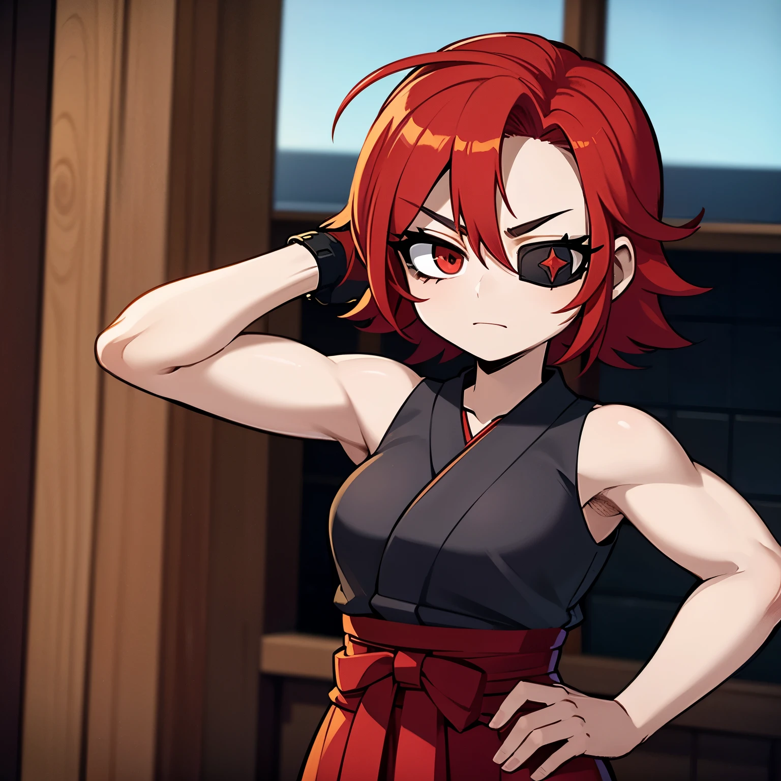 Anime style image of a red-haired girl who wears a Hakama and is holding a katana in her right arm and her left eye is covered by an eyepatch. She is very muscular. Her body is full of cut scars.