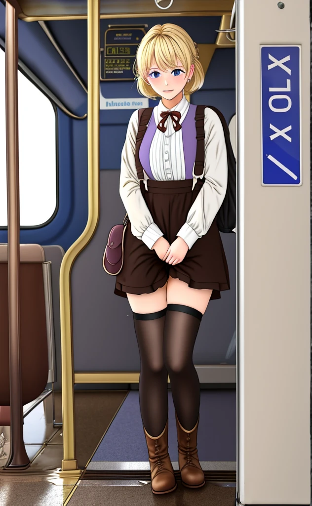 peeing herself, peeing, peeing self, very desperate to pee, violet evergarden, at a train station, full face blush, sad, crying, flustered, black stockings brown boots ruffled panties, peeing, peeing self, peeing, peeing self, pee puddle, puddle of her own urine is forming around her feet