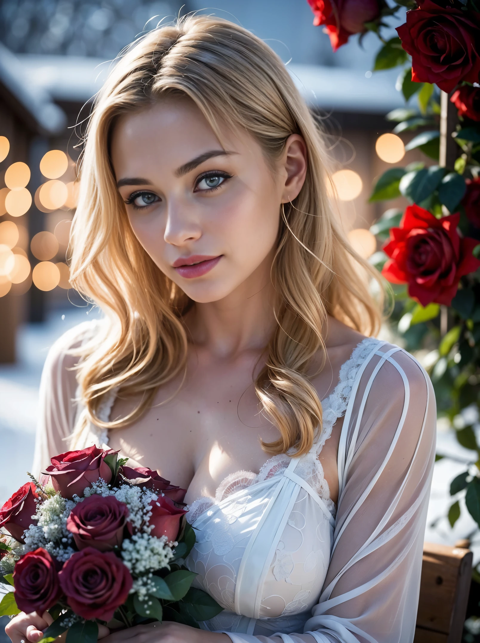 Masterpiece, ultra detailed. The first low third of the image is full of roses, an ultra hot gorgeous European woman, age 23, wavy blonde hair, is leaning forward to smell the roses. Background: a snowy village, starry night, northern lights.