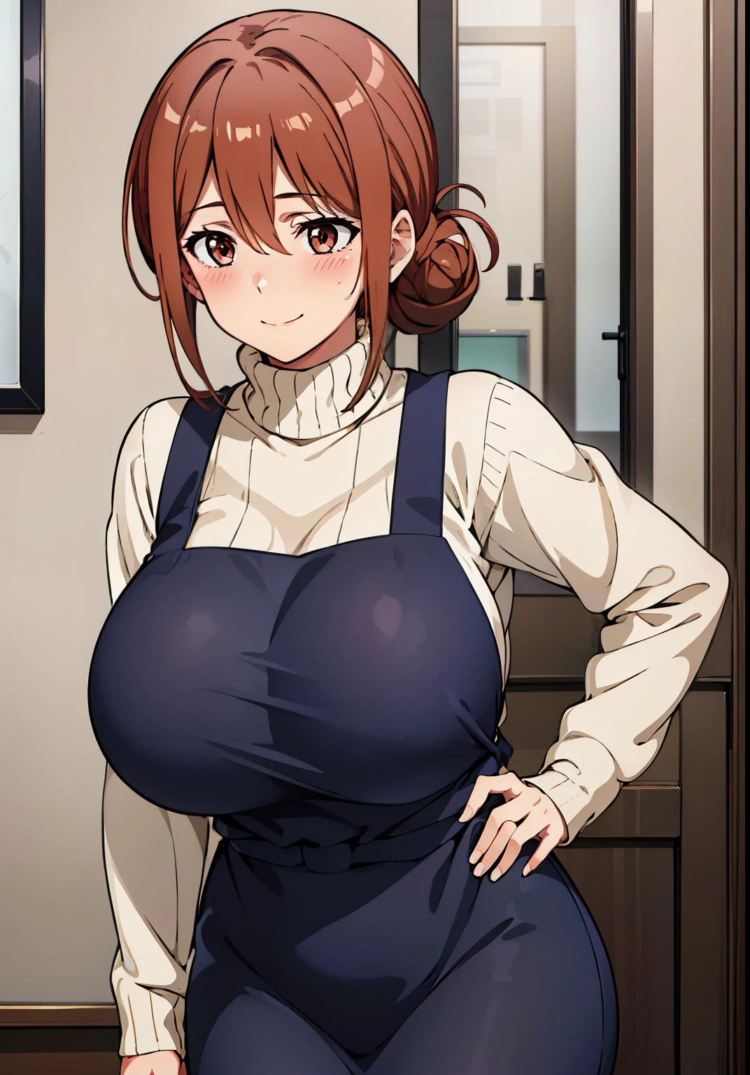 best quality, high resolution, (looking away:1.2), 1girl, blush, embarrassed, smile, (huge breasts:1.2), in summer,modern apartment, ribbed sweater, turtleneck, purple_apron, purple bowtie, pencil skirt, hair_between_eyes, hair_bun, brown_hair,brown_eyes, 1 girl, 24yo,mature female,(narrow_waist), (from side:0.8)